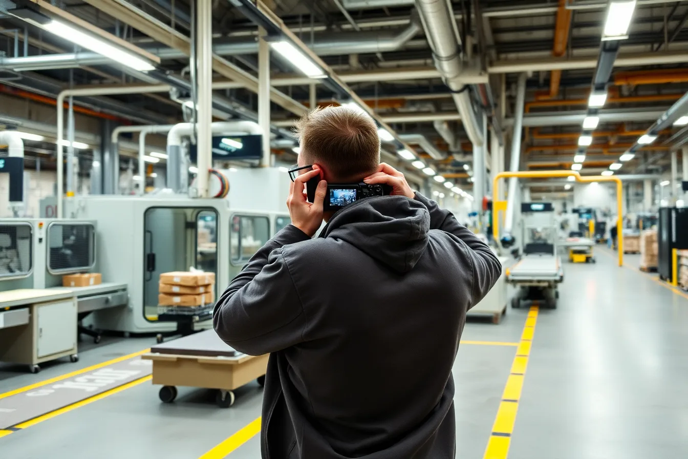 Visitor photographing a factory production line from a marked walkway. A photographer's checklist for factory tour experiences starts with permission