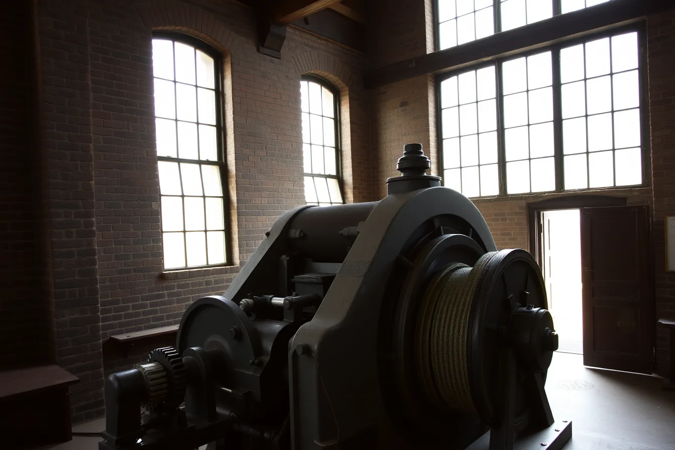 Antique mill machine in a dim industrial museum, bright windows behind. Manufacturing museums defeat automatic exposure: shoot three frames per machine