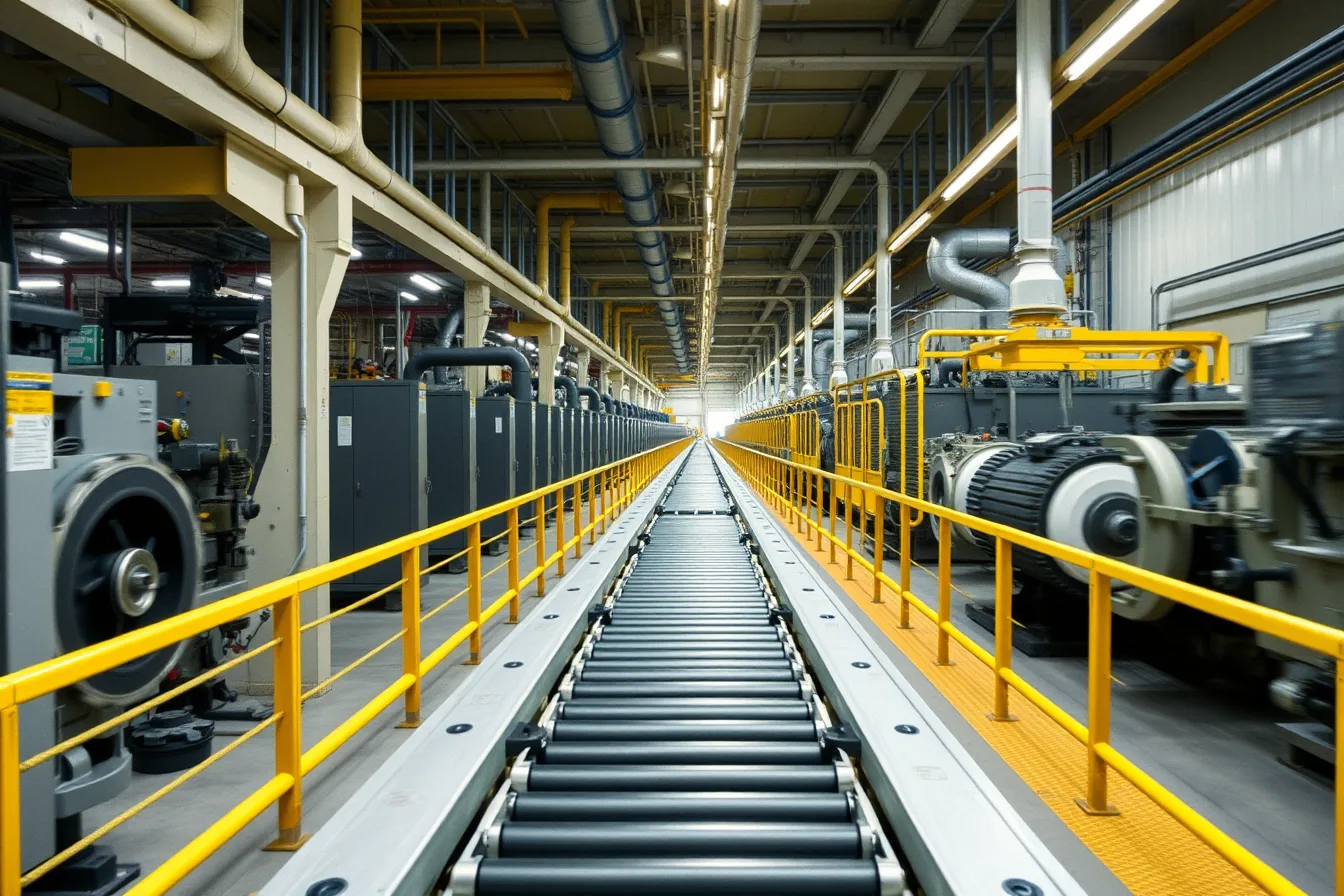 Operating factory production line with moving conveyor and machinery behind safety railings. Realistic factory tours planning starts with one thing: the days a plant's line runs