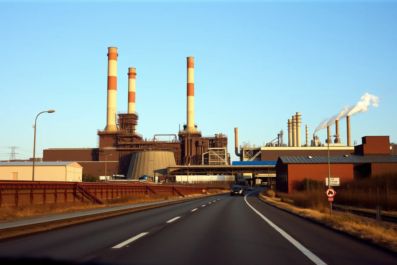 Energy-intensive factory with stacks, rail spur, and water intake from the road. Working factory visits compared: plants at opposite ends of the energy scale