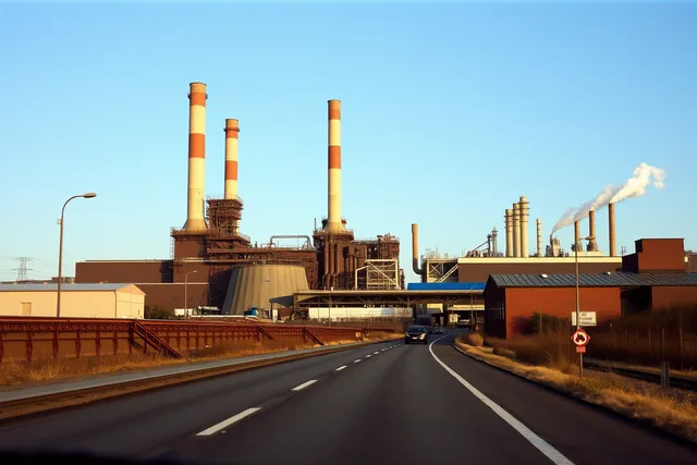 Energy-intensive factory with stacks, rail spur, and water intake from the road. Working factory visits compared: plants at opposite ends of the energy scale