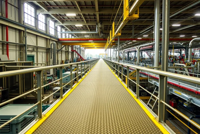 Open steel grating walkway crossing above a factory production line. Do route, noise and stairs decide how accessible a factory tour really is?