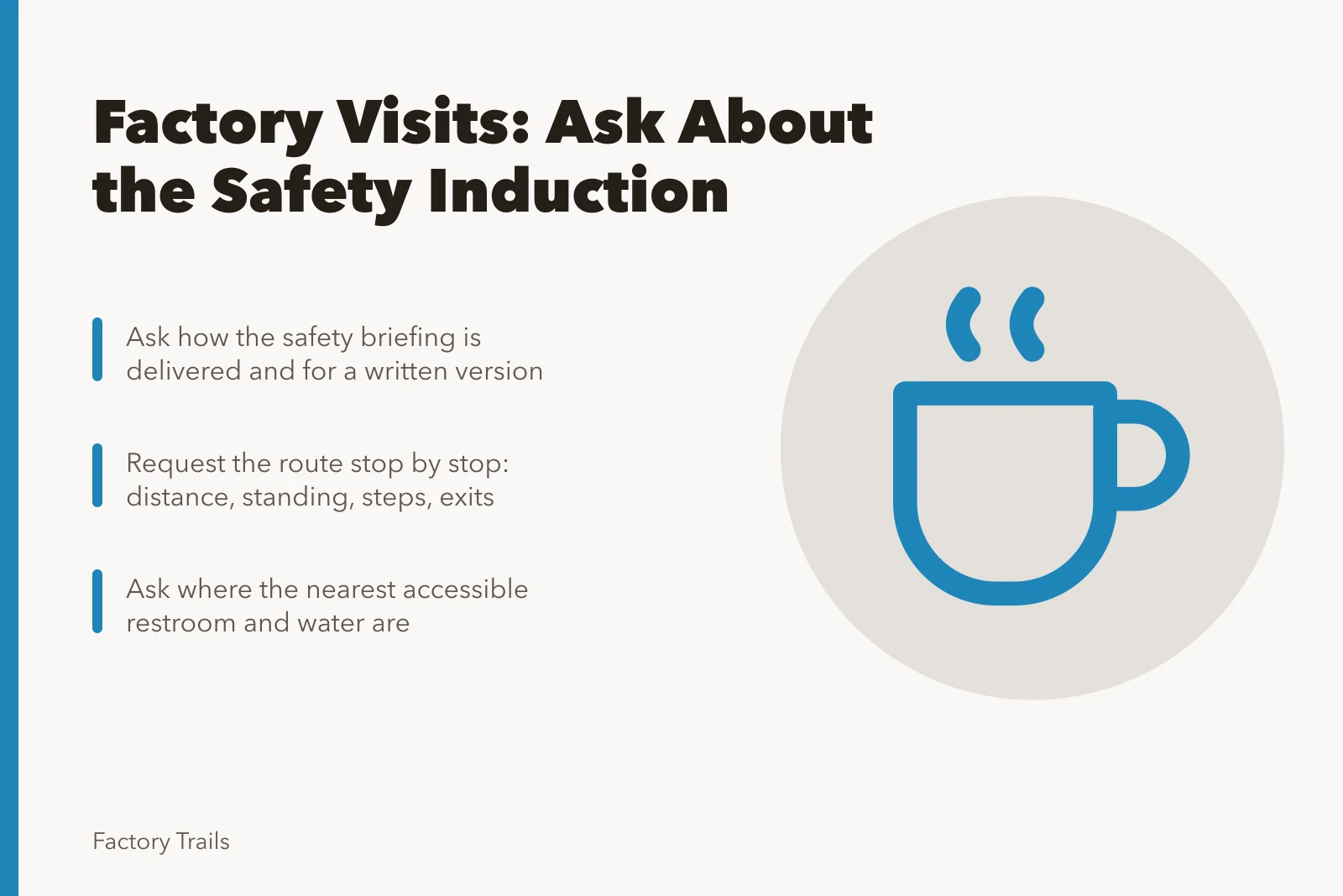 Card about planning accessible working factory visits and safety inductions. Safety inductions come first: the key to accessible working factory visits
