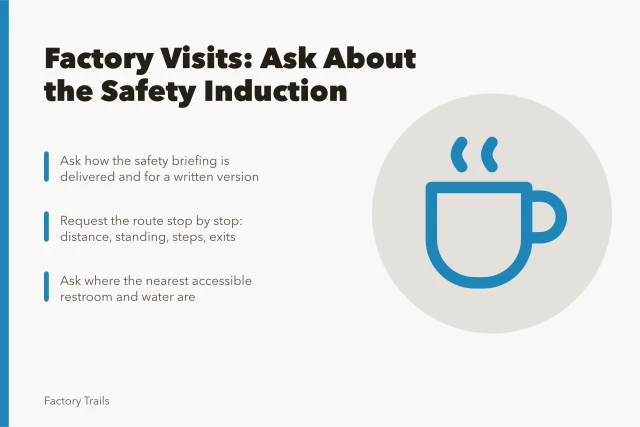 Card about planning accessible working factory visits and safety inductions. Safety inductions come first: the key to accessible working factory visits
