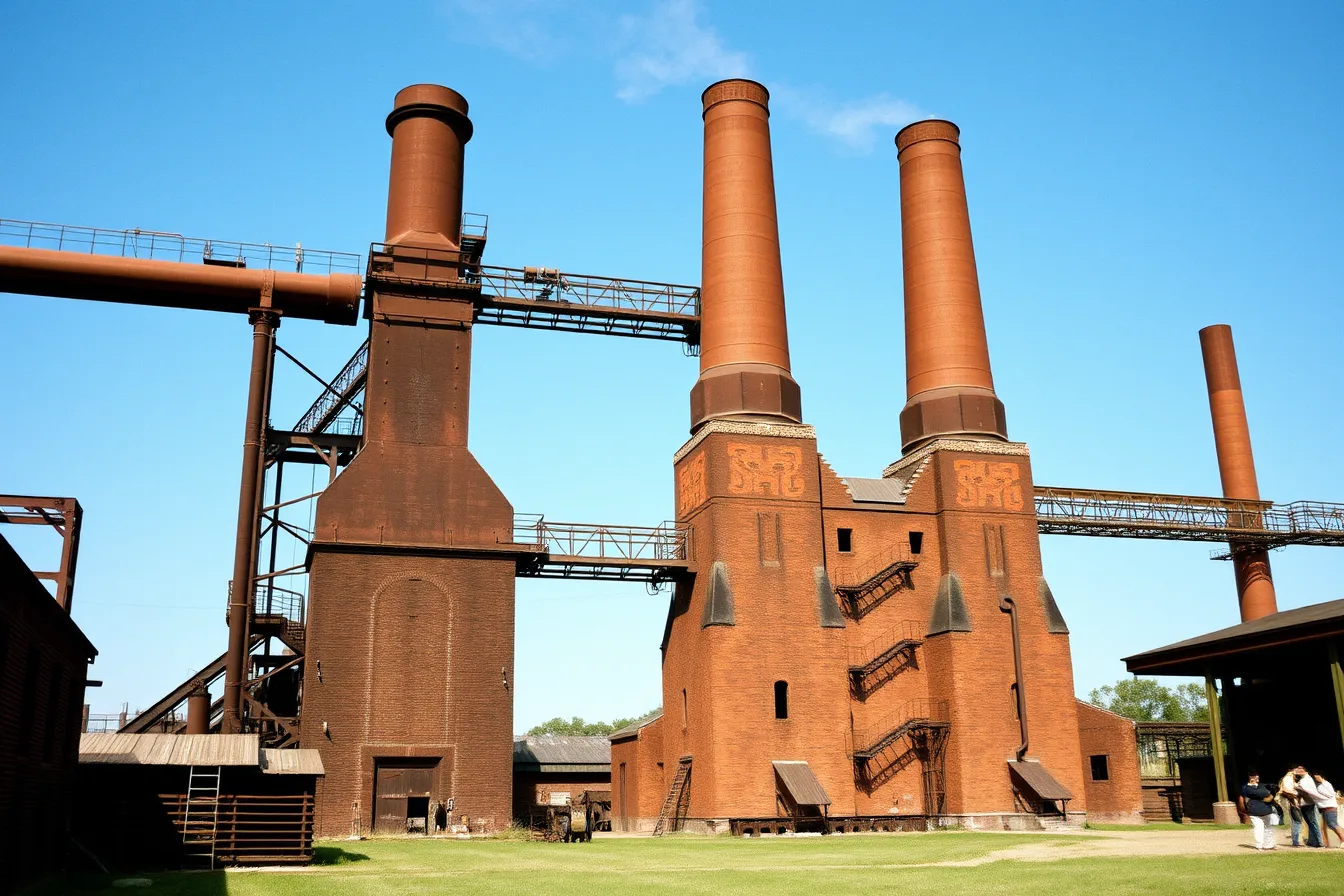 Sloss Furnaces blast furnace stoves and cast sheds in Birmingham, Alabama. A guide to Alabama's industrial heritage sites beyond Sloss Furnaces