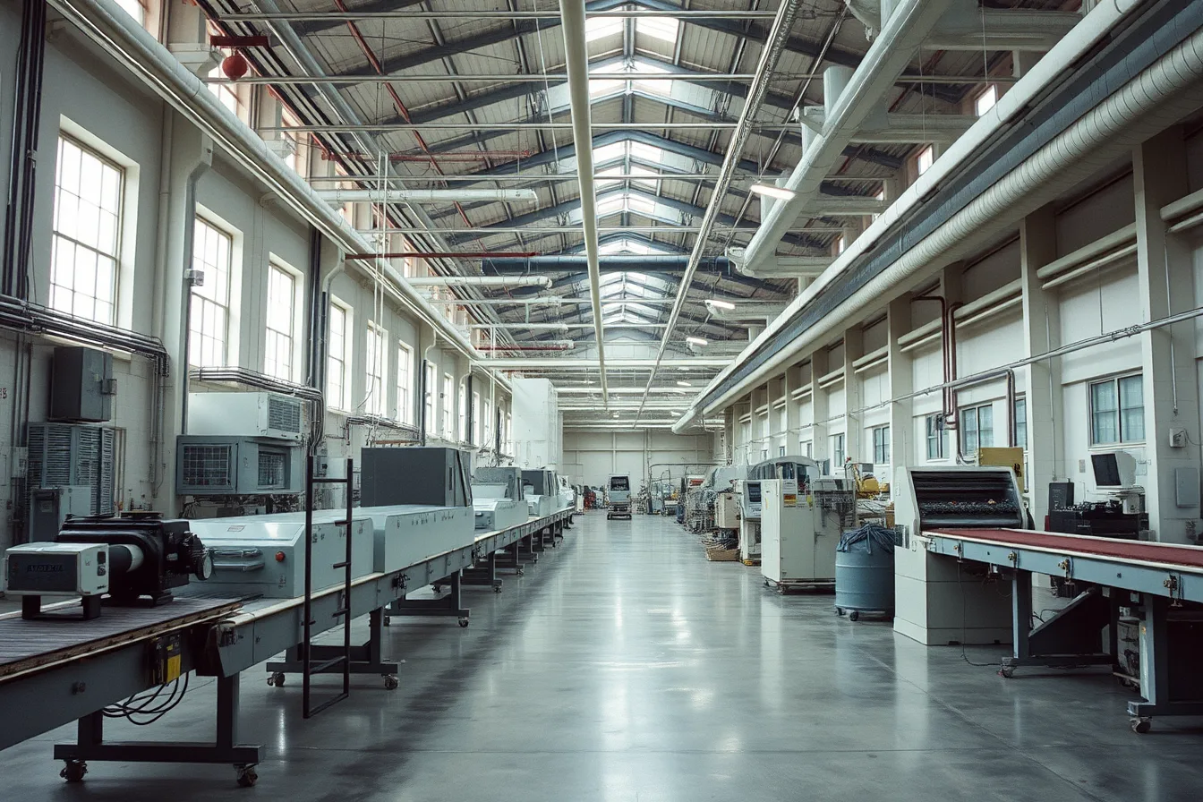 Idle factory production line and machinery standing still during a summer maintenance shutdown. Factory tours keep running through shutdown weeks, summer compared with winter