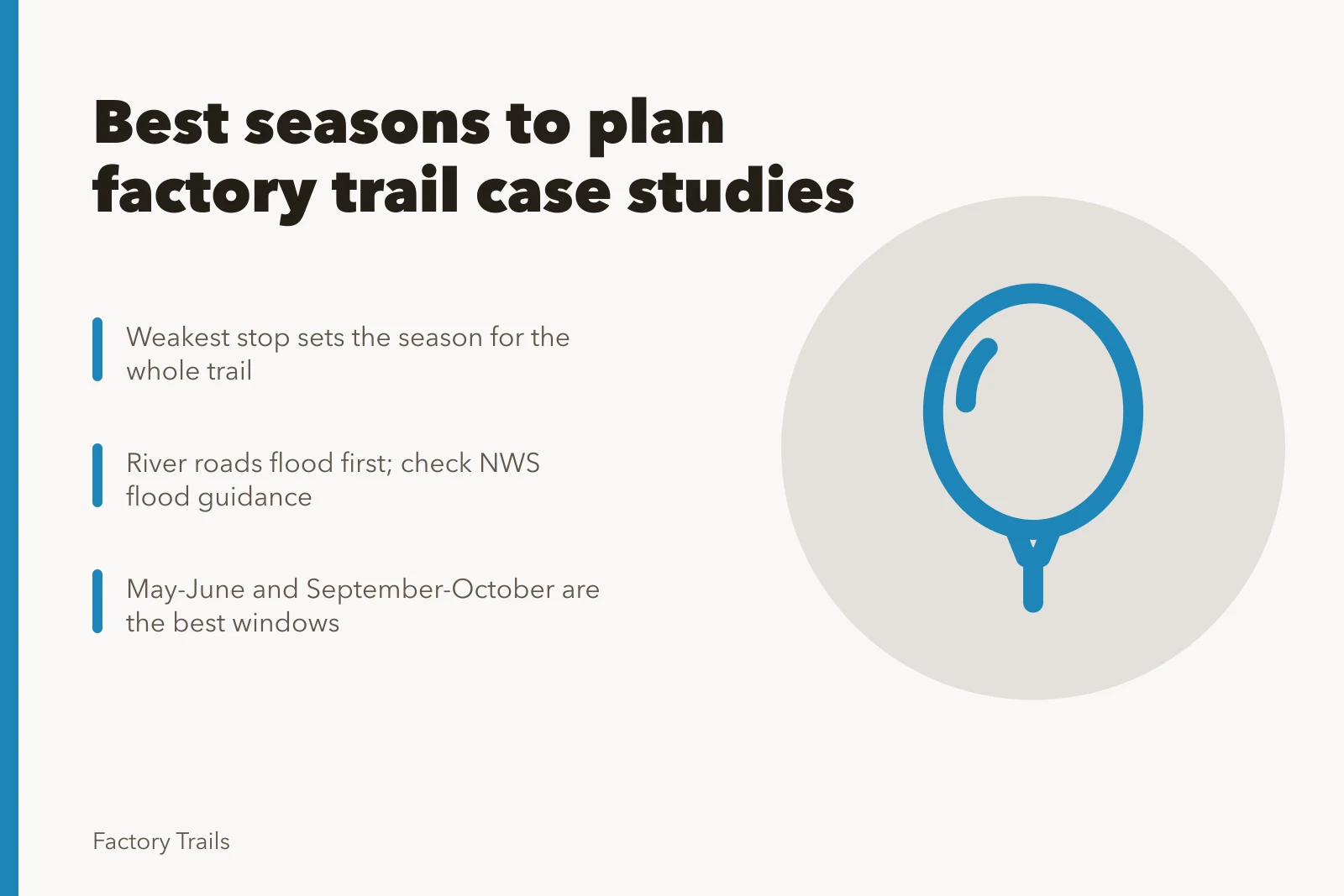Calendar icon for planning factory trail seasons around flooding and closures. Best seasons to plan factory trail case studies
