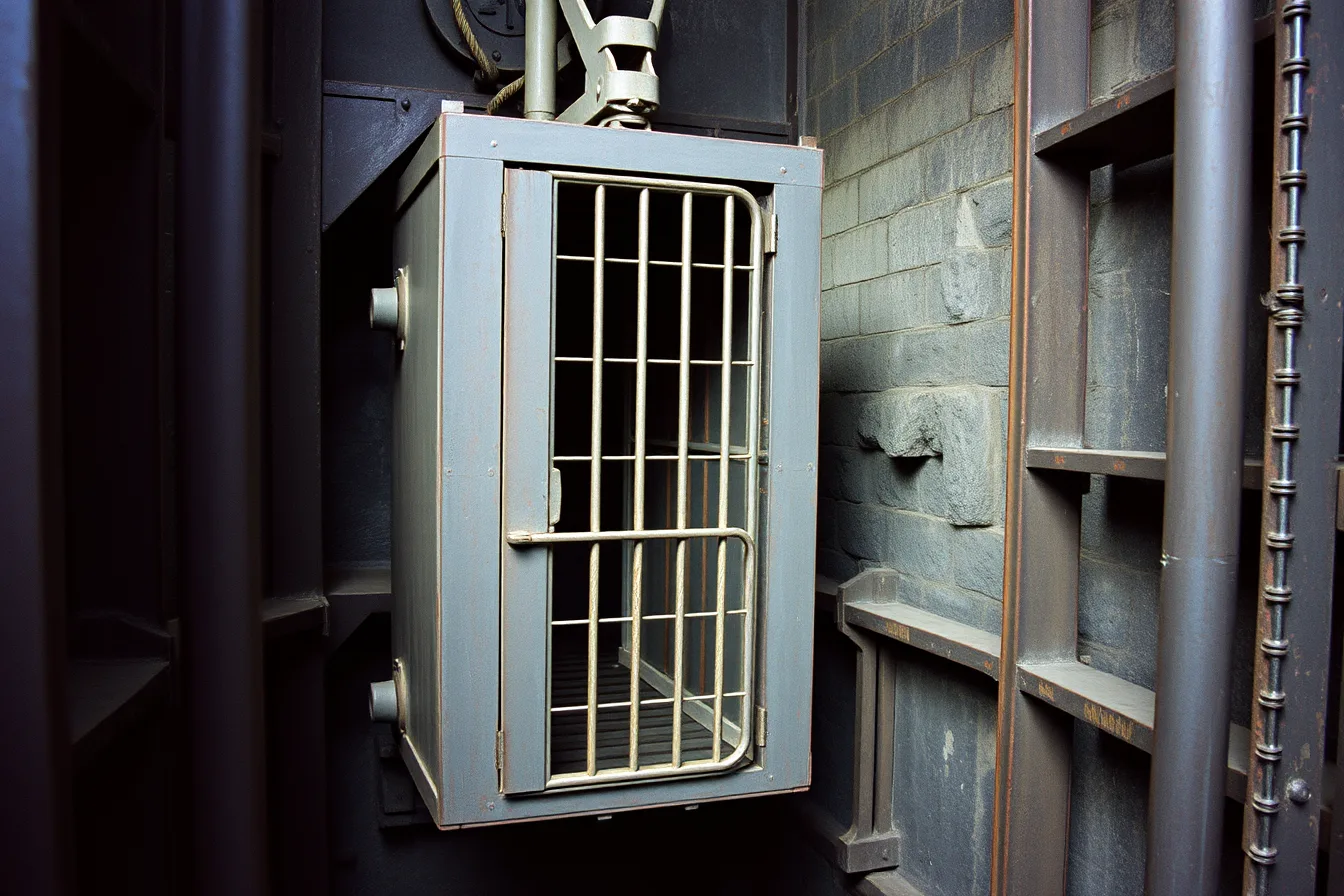 Steel mine cage hoist rising in a headframe at an industrial heritage site. Heritage travel splits into a summer season compared with a very different winter one