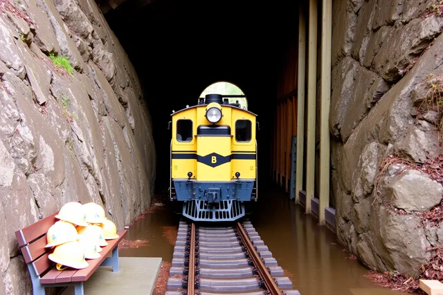 Mine train and hard hats at Britannia Mine Museum tunnel entrance. How to book a Britannia Mine Museum underground tour in BC