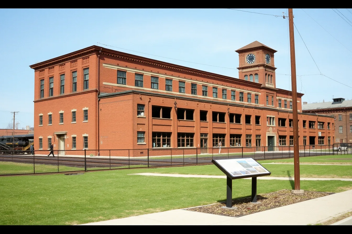 Pullman factory grounds with brick erecting shop walls and clock tower. Chicago's Pullman National Monument and rail plant tours