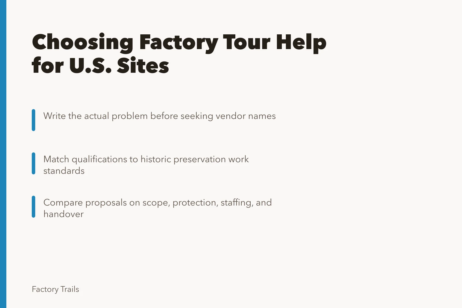 Card on choosing factory tour help for U.S. plant sites. How to choose factory tour help for U.S. plant sites