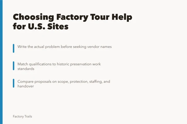Card on choosing factory tour help for U.S. plant sites. How to choose factory tour help for U.S. plant sites