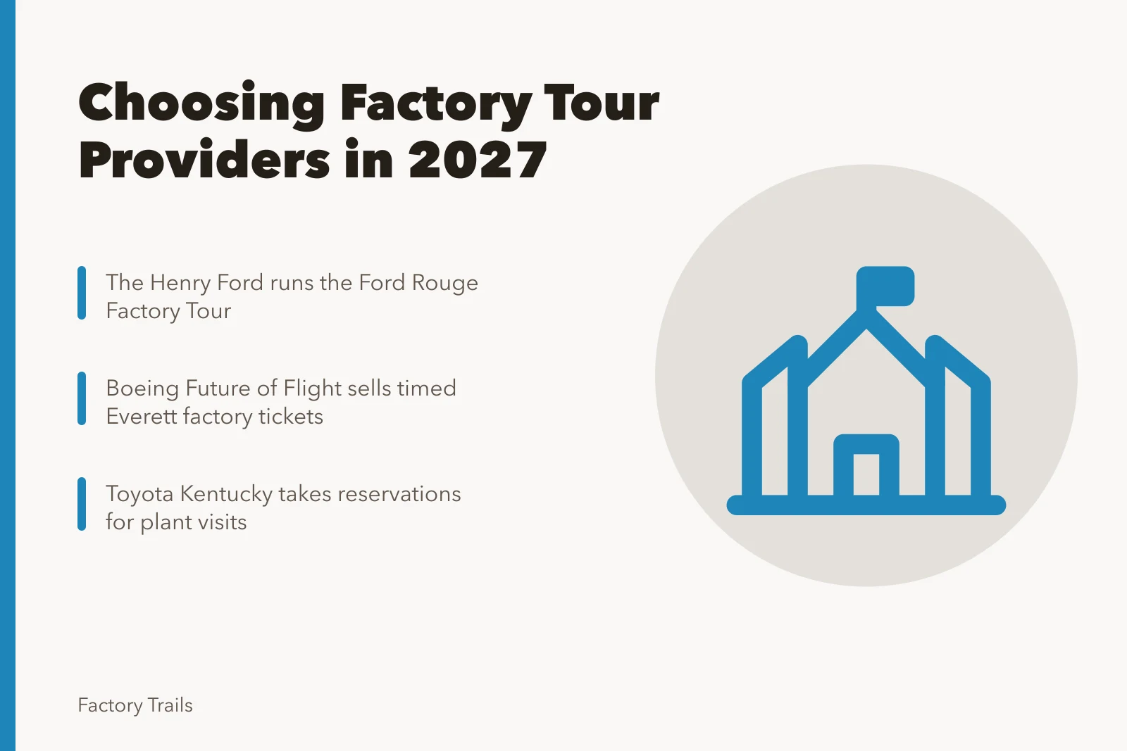 Card comparing U.S. factory tour providers and group booking options. Factory tours provider selection: how U.S. groups should choose in 2027