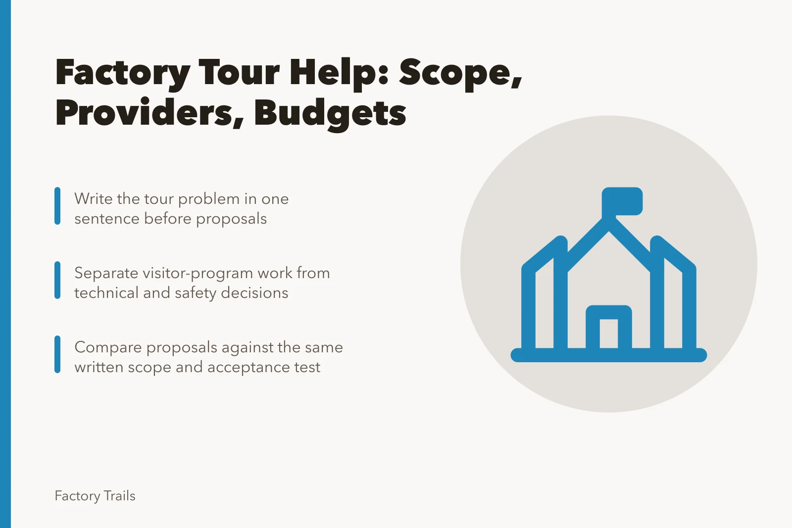 Card outlining factory tour budgeting and provider selection steps. Factory tour budgeting and provider selection: how U.S. operators should choose help for 2027