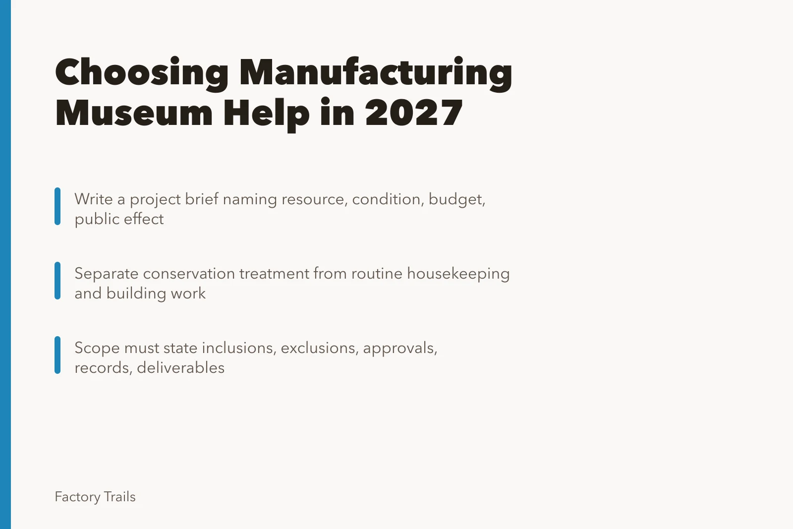 Card on selecting manufacturing museum providers, covering briefs, scope, and qualifications. How to run a manufacturing museums provider selection in 2027