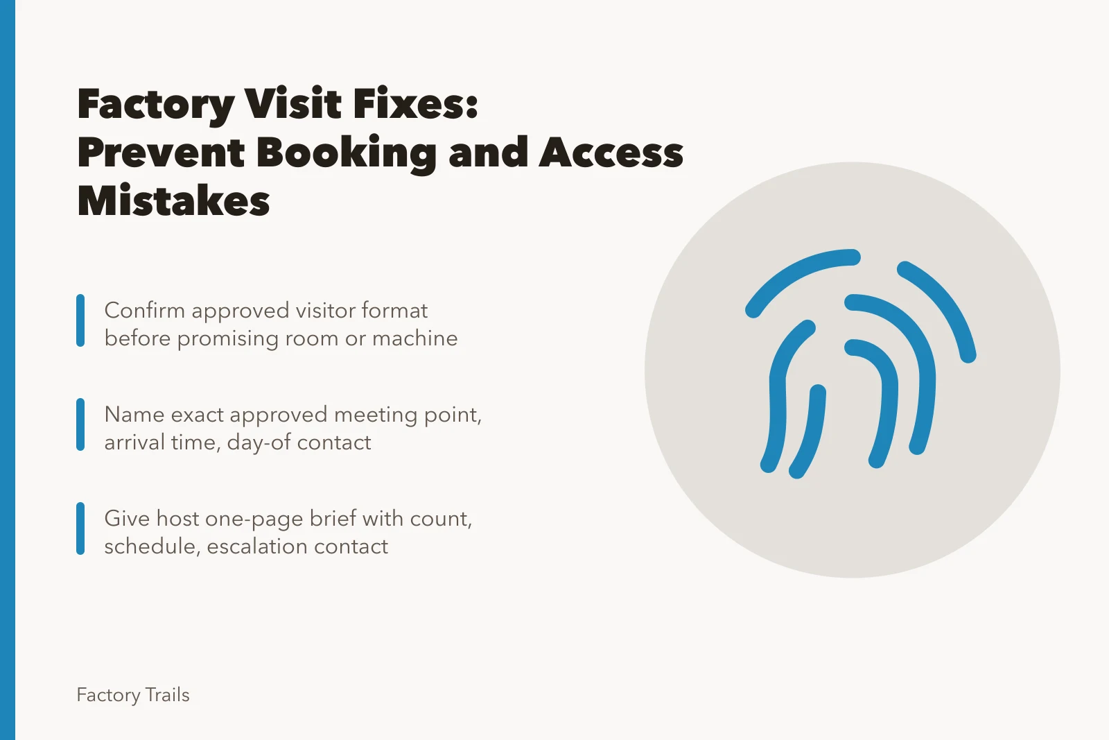 Checklist card for preventing mistakes on factory visits. Working factory visits: 8 mistake prevention fixes for 2027