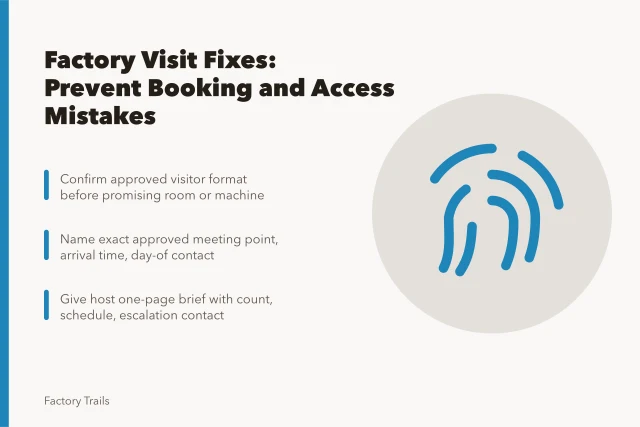 Checklist card for preventing mistakes on factory visits. Working factory visits: 8 mistake prevention fixes for 2027