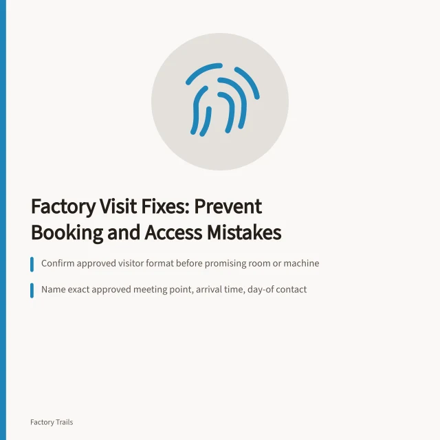 Checklist card for preventing mistakes on factory visits. Working factory visits: 8 mistake prevention fixes for 2027