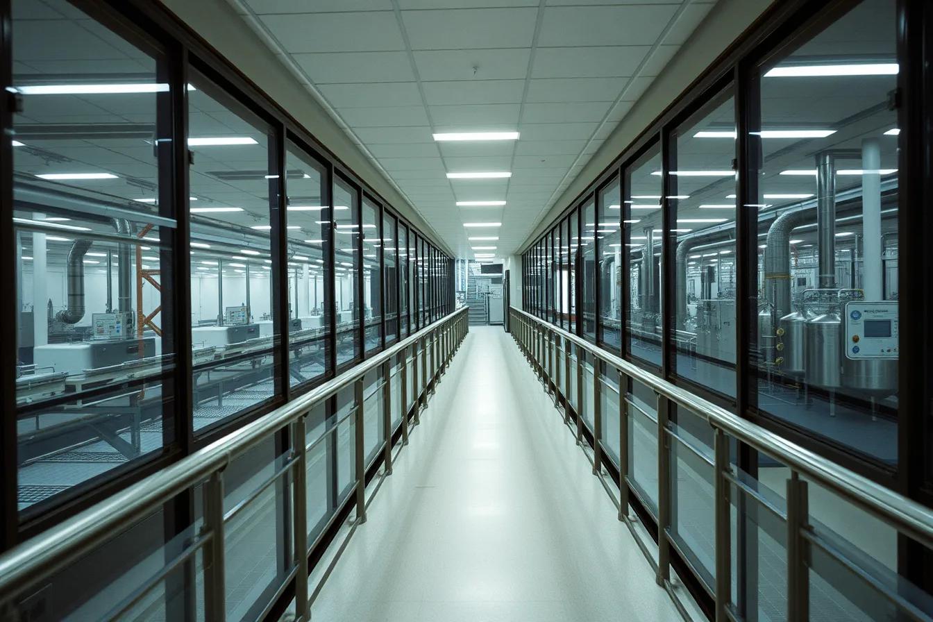 Glass-walled factory tour gallery overlooking live production machinery on the plant floor. Real process shown, compared with polish, is how factory tour experiences should be judged