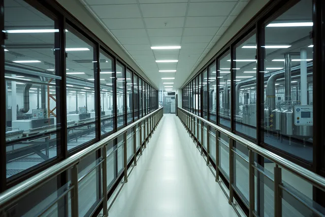 Glass-walled factory tour gallery overlooking live production machinery on the plant floor. Real process shown, compared with polish, is how factory tour experiences should be judged