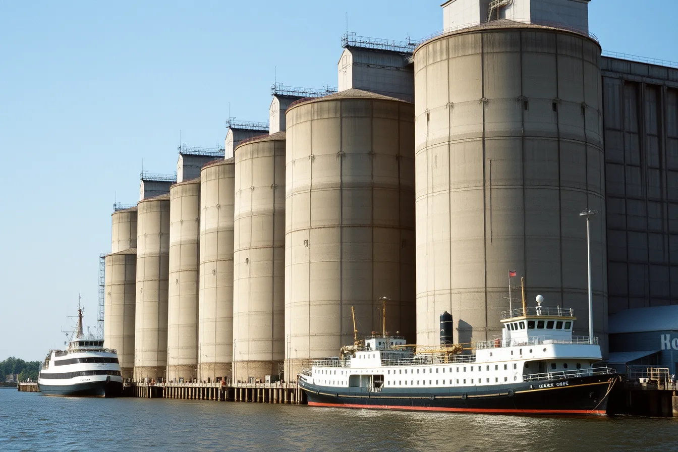 Row of concrete Buffalo grain elevators along the river waterfront. Cross-border factory trails for Buffalo and Ontario plants