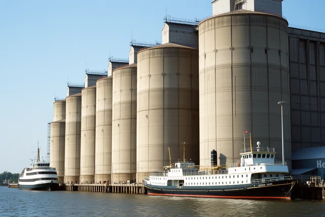 Row of concrete Buffalo grain elevators along the river waterfront. Cross-border factory trails for Buffalo and Ontario plants