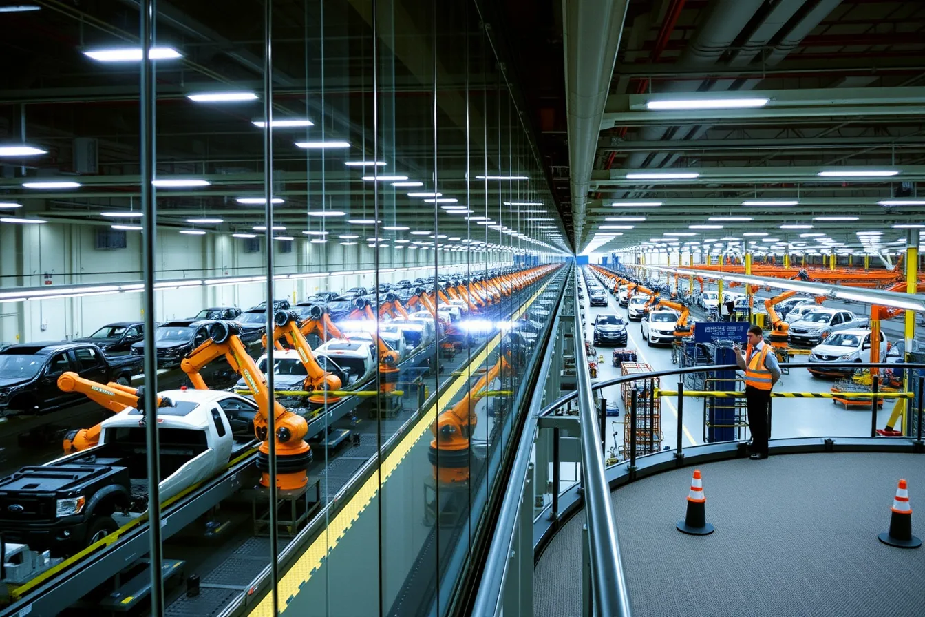 Elevated walkway above a live Ford F-150 truck assembly line at the Rouge plant. Detroit auto plant tours and what the Big Three let visitors see