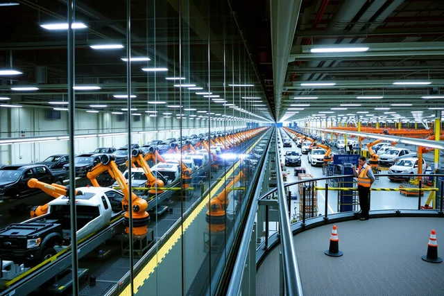 Elevated walkway above a live Ford F-150 truck assembly line at the Rouge plant. Detroit auto plant tours and what the Big Three let visitors see