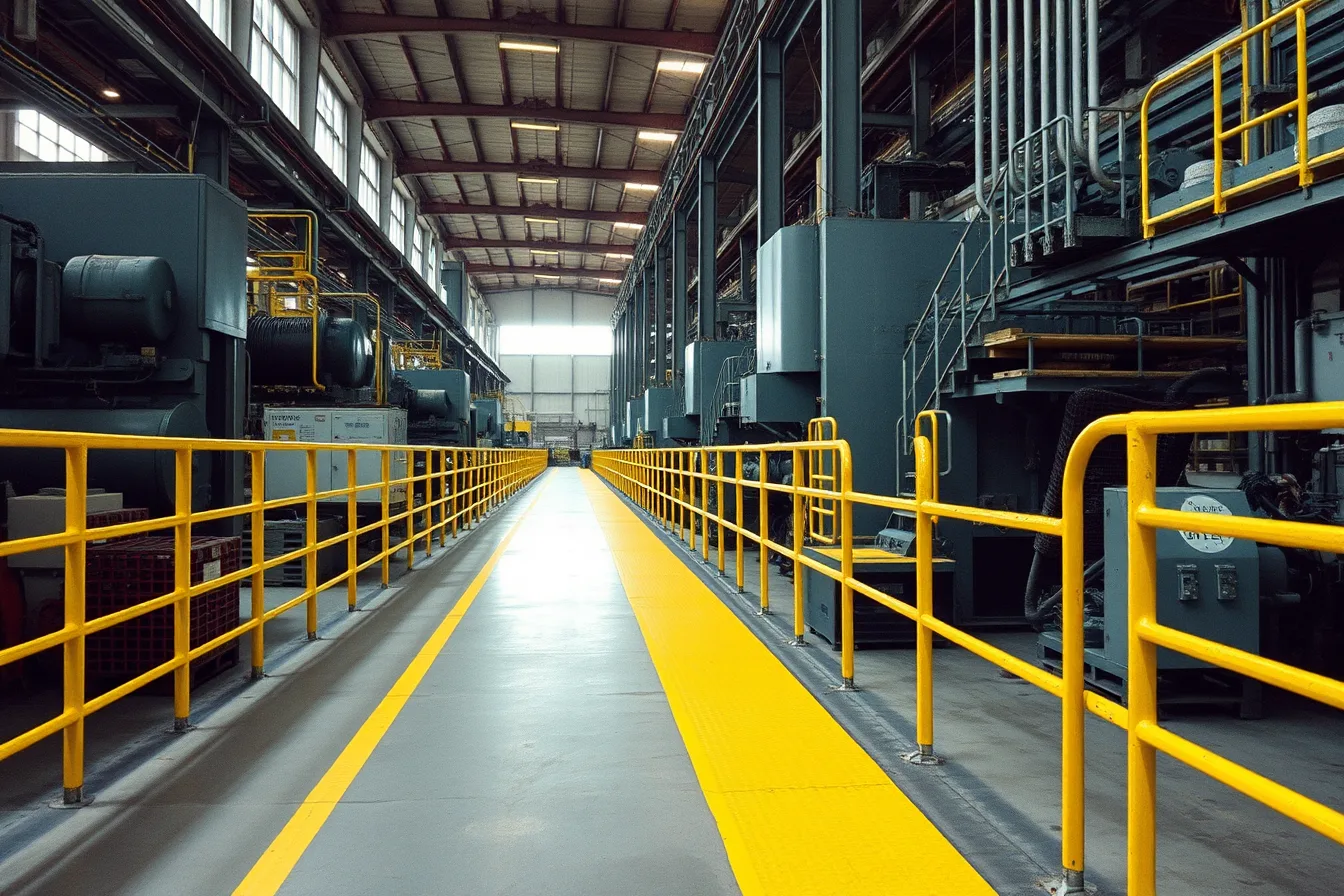 Marked factory tour route winding between industrial machinery on a mill floor. Factory tour budgeting fundamentals: what to put in your 2027 scope checklist