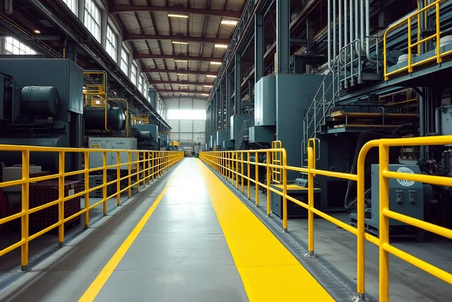 Marked factory tour route winding between industrial machinery on a mill floor. Factory tour budgeting fundamentals: what to put in your 2027 scope checklist