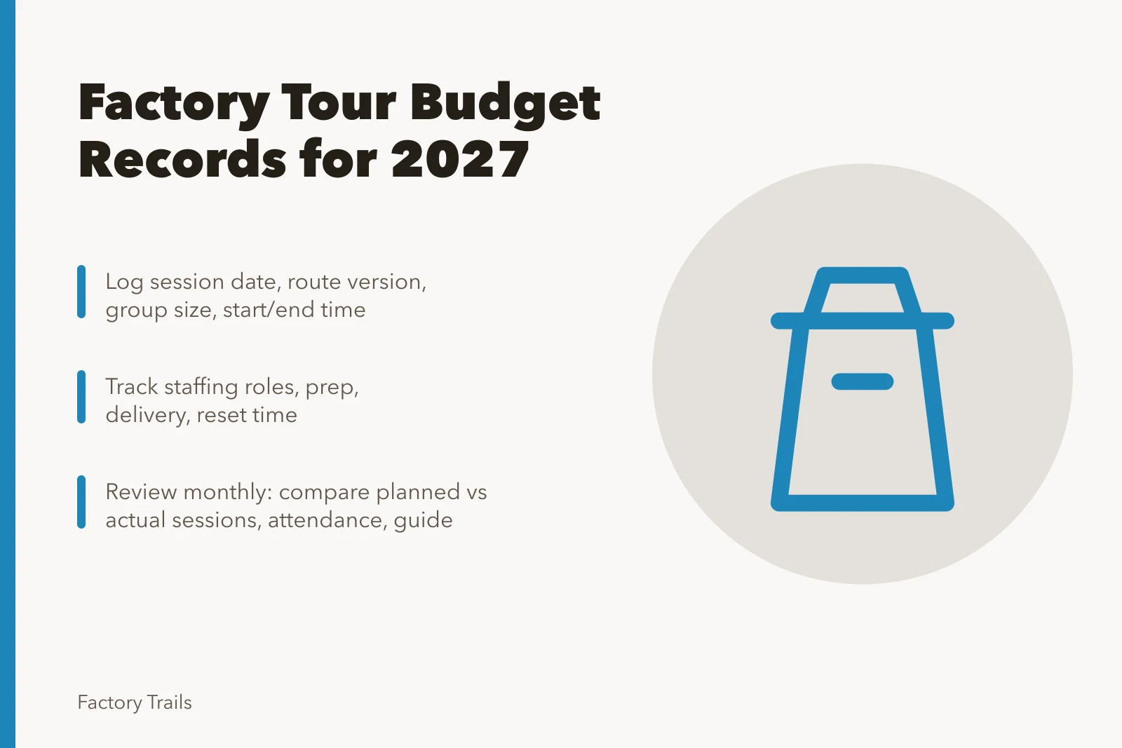 Budget record card for factory tour cost tracking. Factory tour budgeting records: what owners must track before 2027