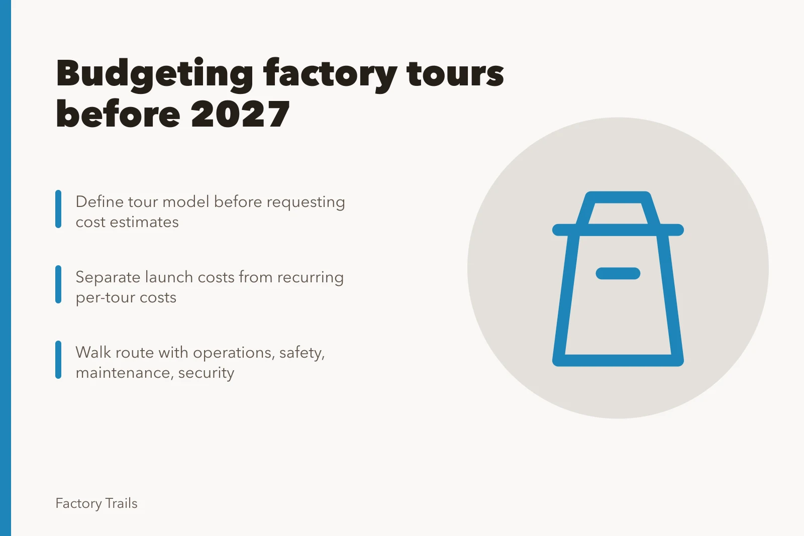 Card listing factory tour budgeting steps for 2027 planning. Factory tours budgeting fundamentals: what to fund before 2027