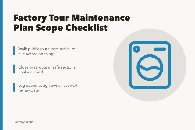Checklist for factory tour maintenance and visitor route safety. Factory tour maintenance plan scope checklist for U.S. sites