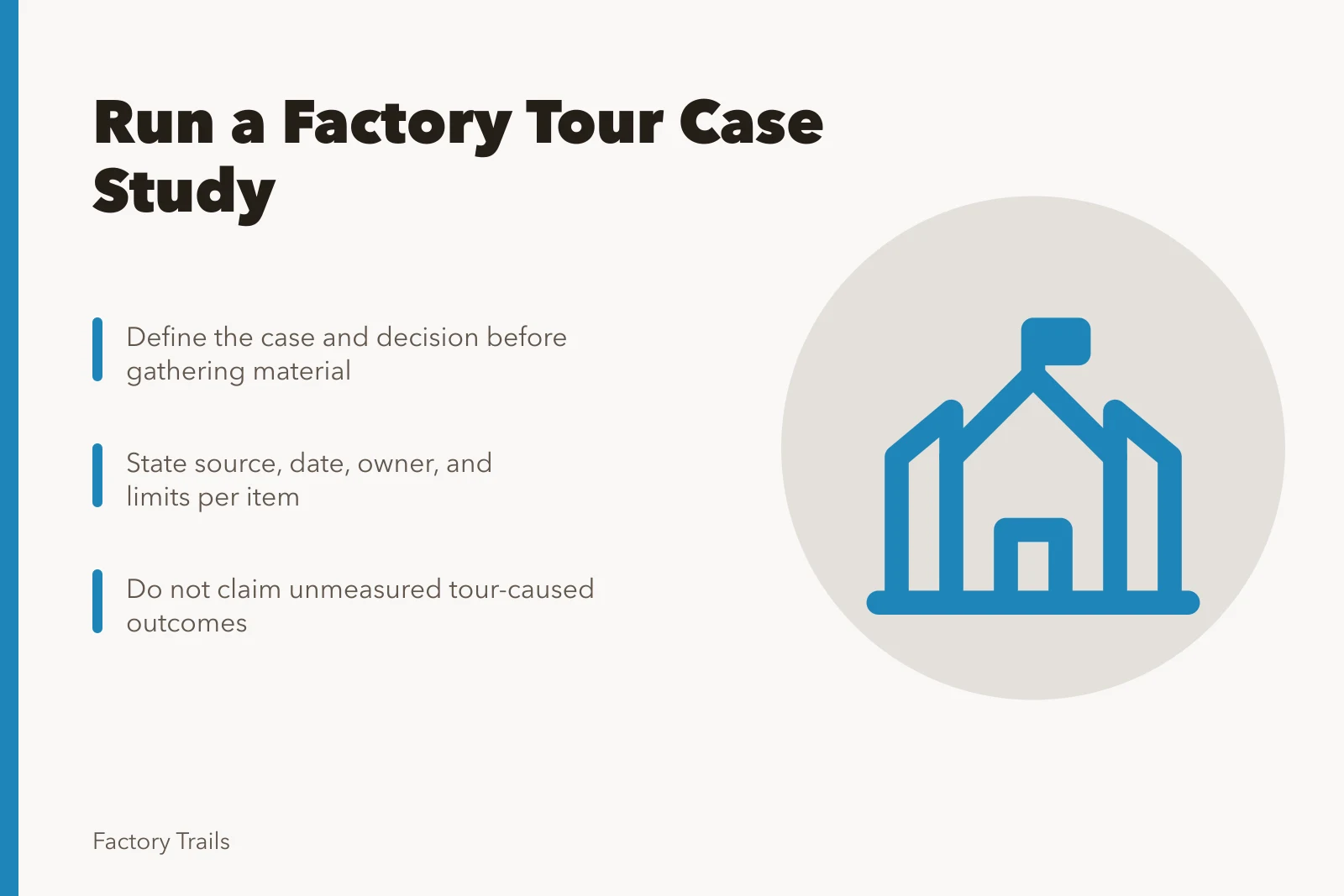 Card outlining factory tour case study method steps and evidence limits. How to run a factory tour case study method with real evidence