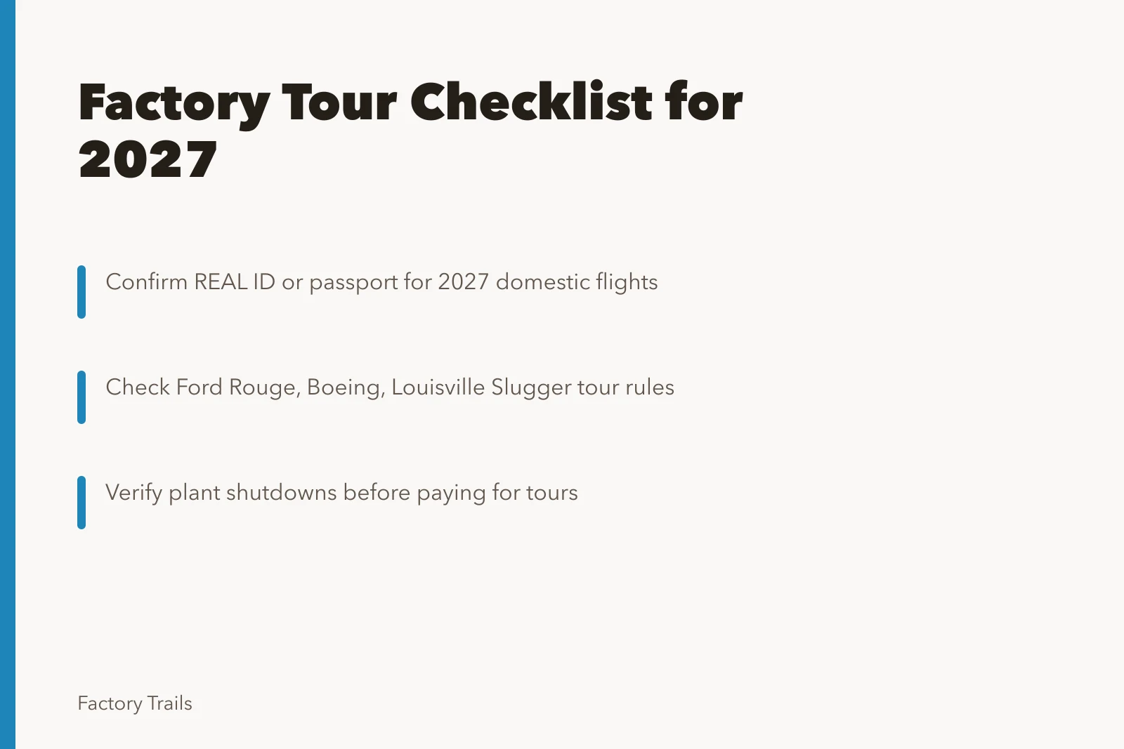 Factory tour checklist for 2027: what U.S. visitors should confirm before booking. Factory tour checklist for 2027: what U.S. visitors should confirm before booking
