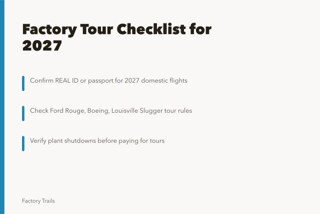 Factory tour checklist for 2027: what U.S. visitors should confirm before booking. Factory tour checklist for 2027: what U.S. visitors should confirm before booking