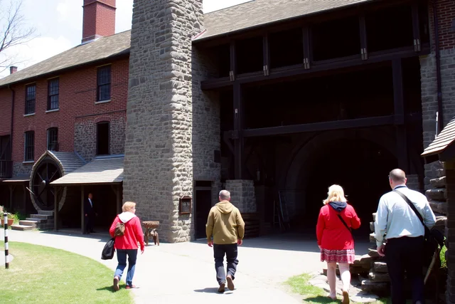 Saugus Iron Works forge with stone chimney and waterwheel on factory tour. Factory tour checklist for U.S. visitors: what to know before you book