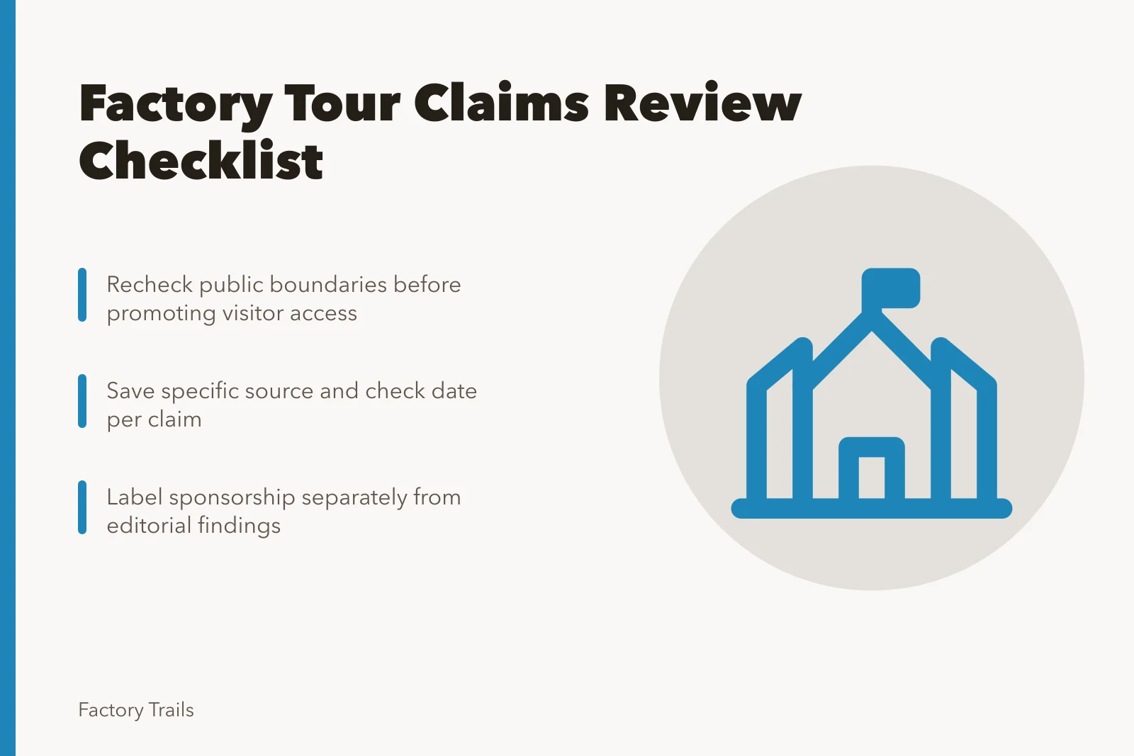 Checklist card for reviewing factory tour access claims and sources. Factory tours maintenance plan scope checklist: what publishers must review