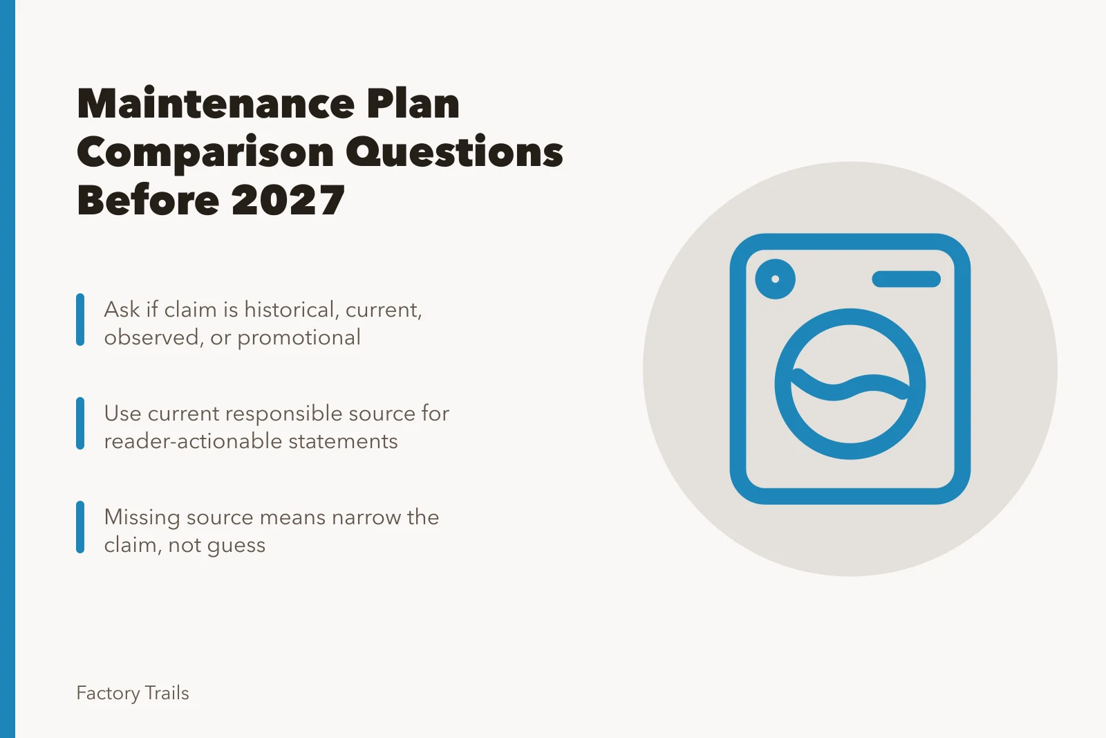 Checklist for comparing factory tour maintenance claims before 2027. Factory tour maintenance plan comparison questions to ask before 2027