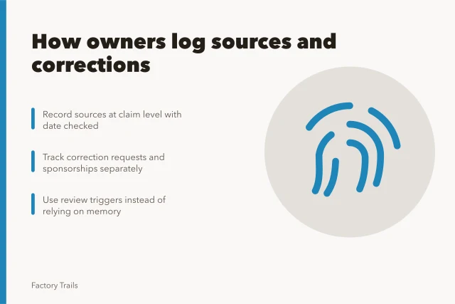 Card summarizing source logging and correction tracking for factory tour articles. Factory tour records: how owners log sources and corrections for 2027