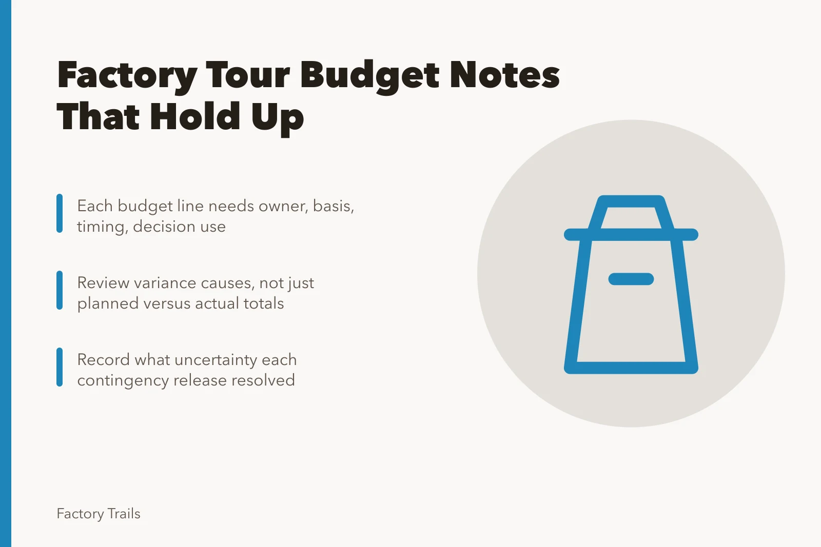 Budget card for factory tour cost notes and variance review. Factory tour budgeting: how to write 2027 cost notes that hold up