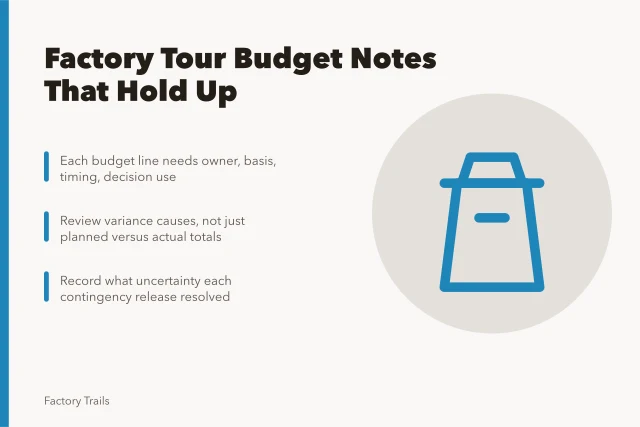 Budget card for factory tour cost notes and variance review. Factory tour budgeting: how to write 2027 cost notes that hold up