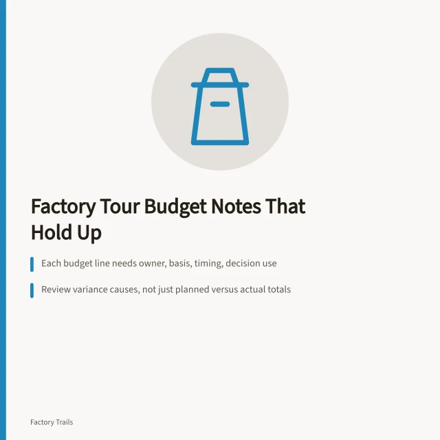 Budget card for factory tour cost notes and variance review. Factory tour budgeting: how to write 2027 cost notes that hold up