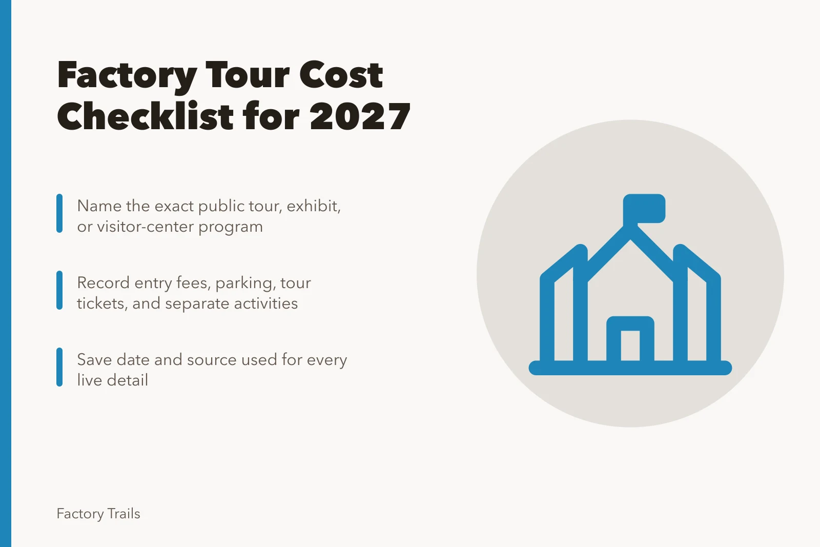 Checklist card for planning factory tour costs and reservations in 2027. Factory tours cost planning checklist: 12 things to confirm before you book for 2027