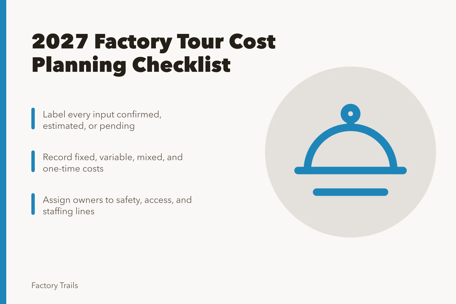 Checklist card for planning 2027 factory tour costs. Before you budget factory tours: a 2027 cost planning checklist