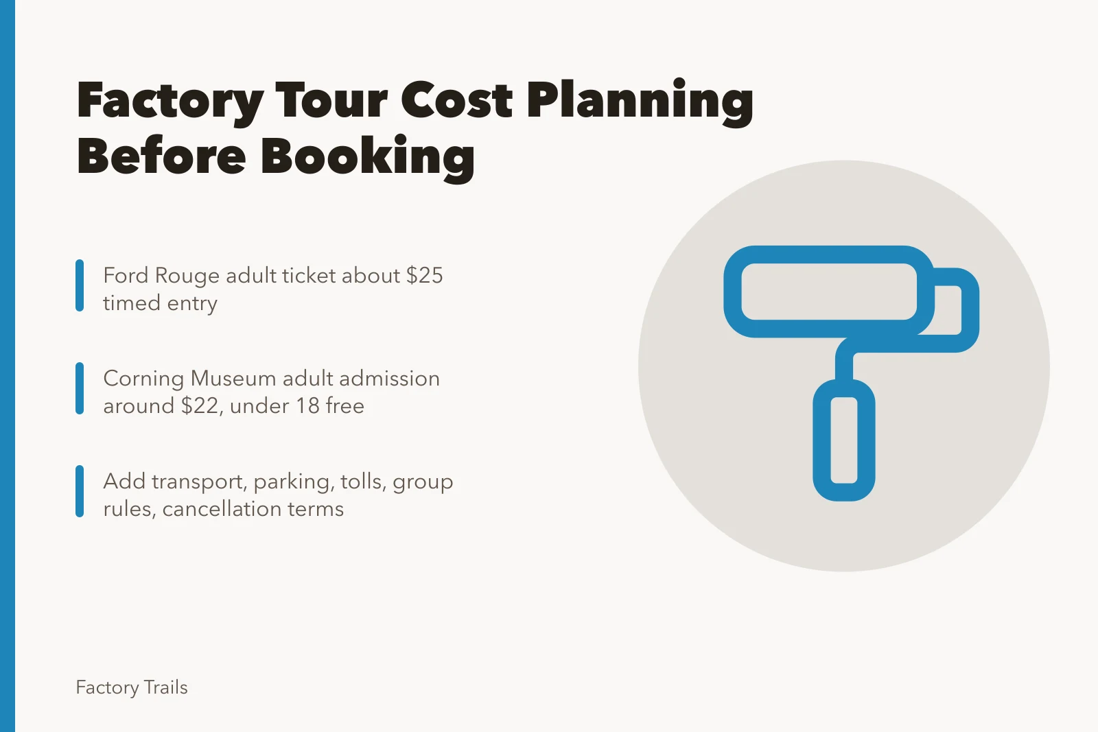 Factory tour cost planning card with ticket prices and transport costs. Factory tour cost planning for U.S. visitors: what to confirm before booking a 2027 trip
