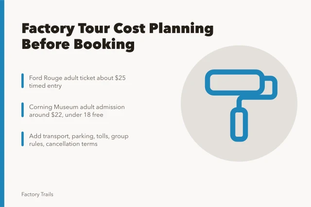 Factory tour cost planning card with ticket prices and transport costs. Factory tour cost planning for U.S. visitors: what to confirm before booking a 2027 trip