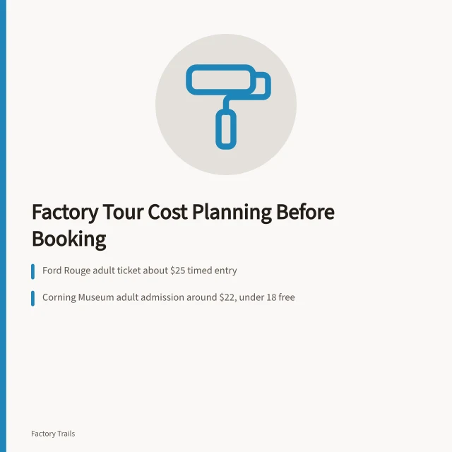 Factory tour cost planning card with ticket prices and transport costs. Factory tour cost planning for U.S. visitors: what to confirm before booking a 2027 trip