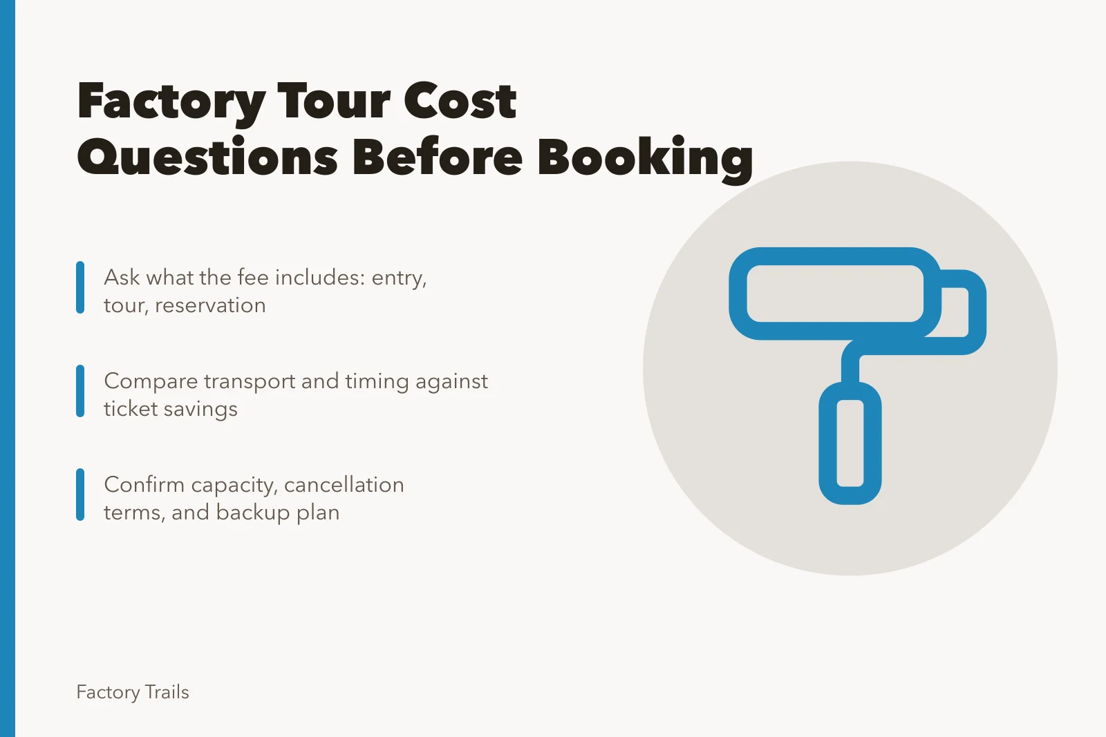 Card comparing factory tour costs, payment terms, and booking certainty. Factory tour cost questions U.S. visitors should ask before booking 2027