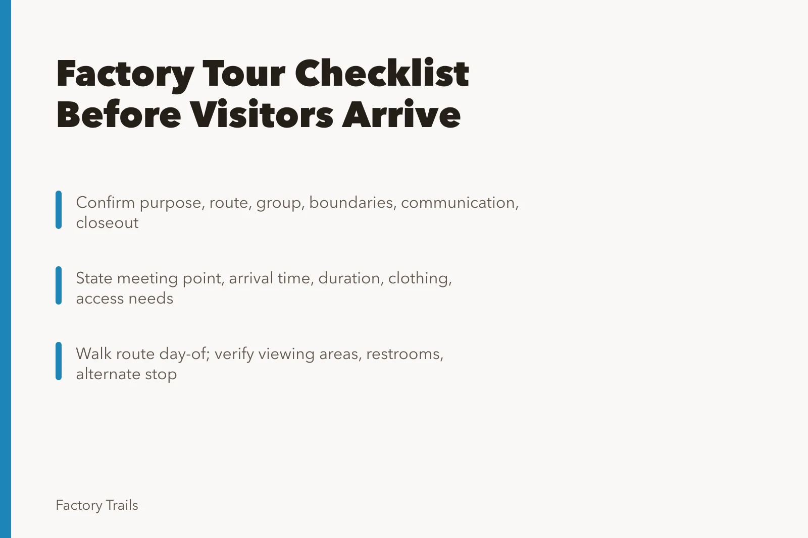Checklist card for confirming factory tour route, access, and visitor instructions. Factory tour checklist: what hosts must confirm before visitors arrive